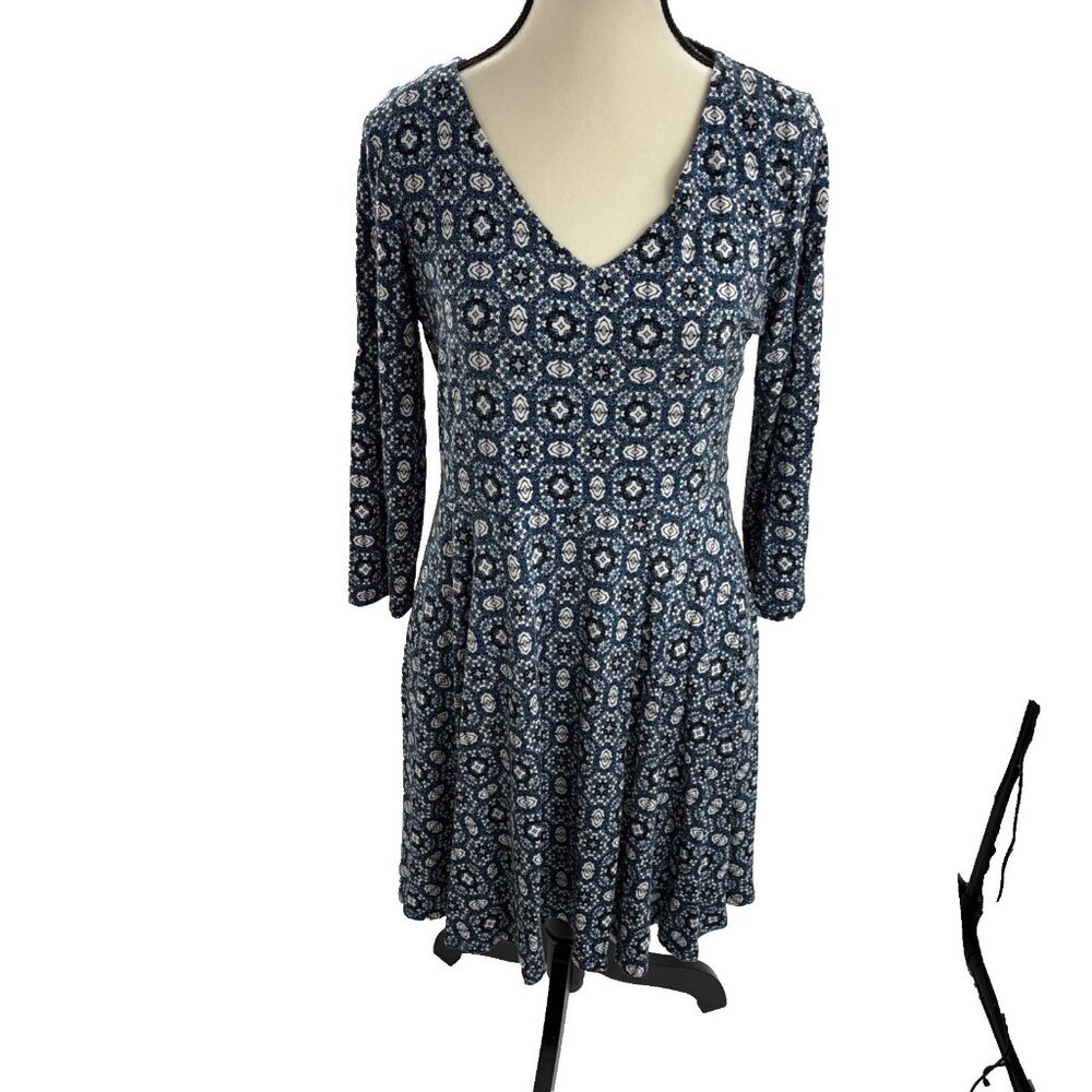 Cynthia Rowley Womens Dress Size L Blue Geometric Print Fit Flare V Neck